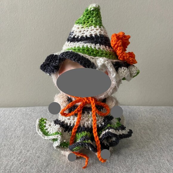 Handmade Crochet Halloween Green Orange Witch Outfit for 17cm Doll 2-Piece Set - Picture 1 of 7